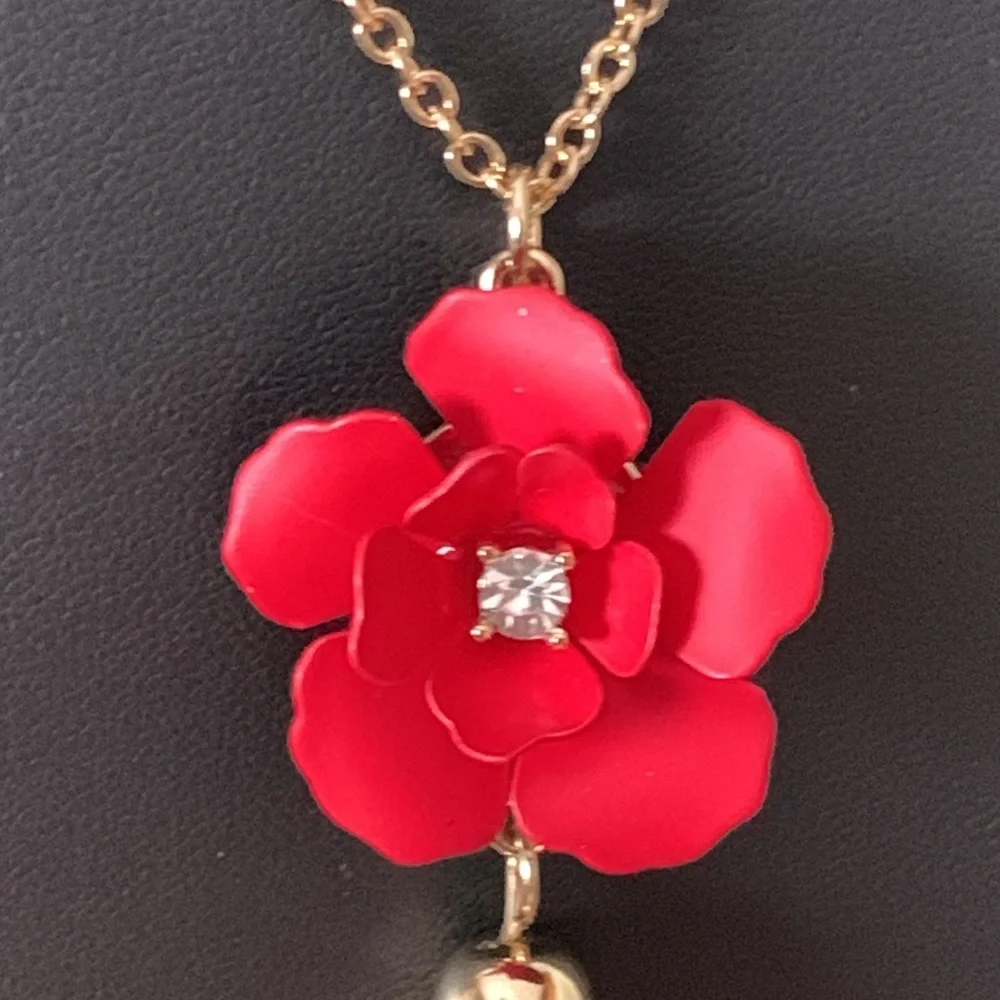 LOFT Red Floral Tassel Necklace